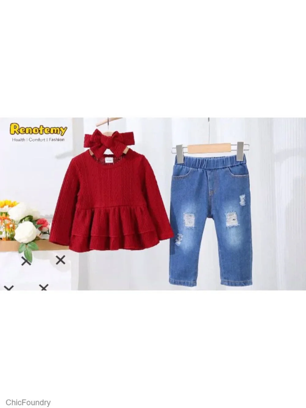 Baby Girl Long Sleeve Top and Ripped Jeans Set with Headband